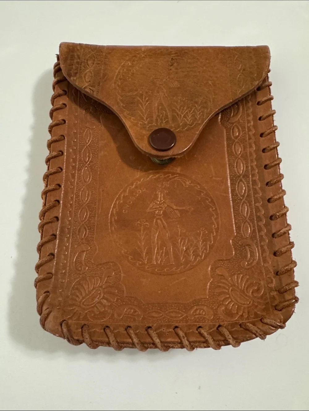 Tooled Brown Leather Pouch with Button Closure